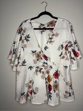 Floral V-Neck Peplum Blouse - White with Red & Pink Flowers